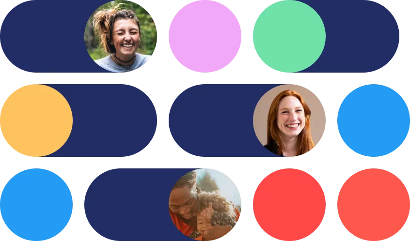 A group of people with different colored circles around them.